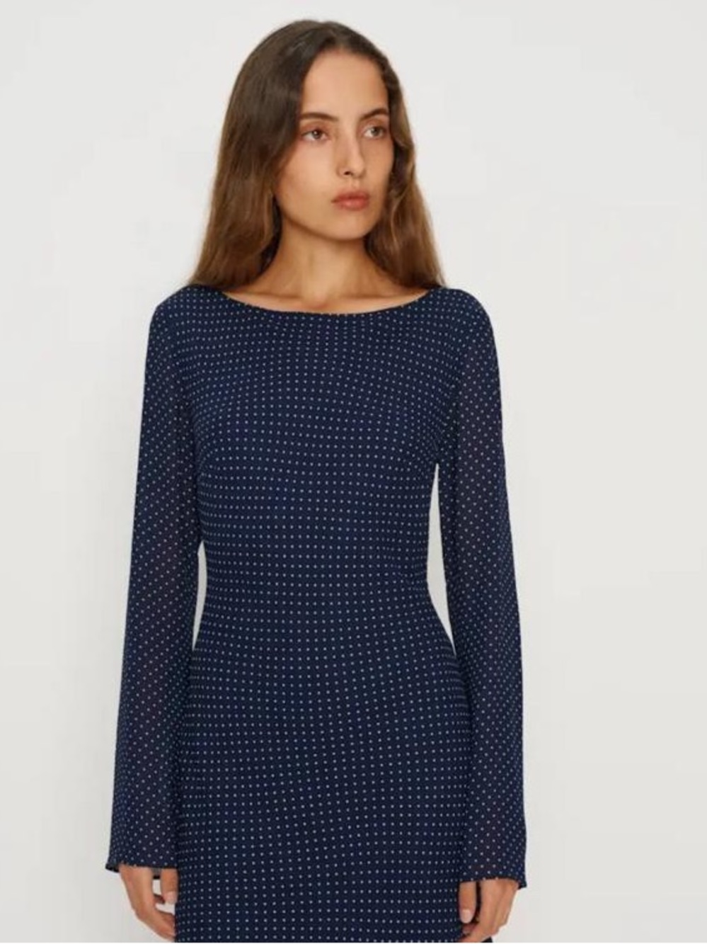 Reformation Navy Polka Dot Long Sleeve Mini Dress